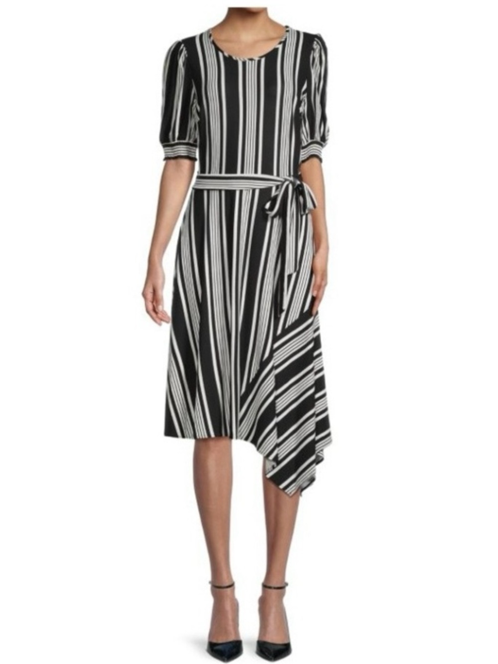 Karl Lagerfeld Black and White Striped Midi Dress with Puff Sleeves